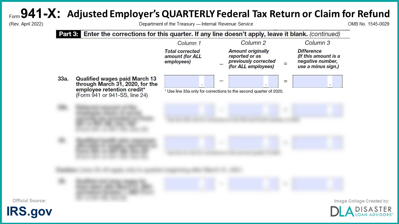 941-X: 33a. Qualified Wages Paid March 13 Through March 31, 2020, for the Employee Retention Credit, Form Instructions