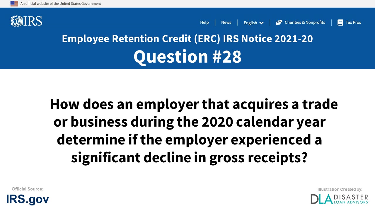 How does an employer that acquires a trade or business during the 2020 calendar year determine if the employer experienced a significant decline in gross receipts? - #28 ERC IRS Notice 2021-20